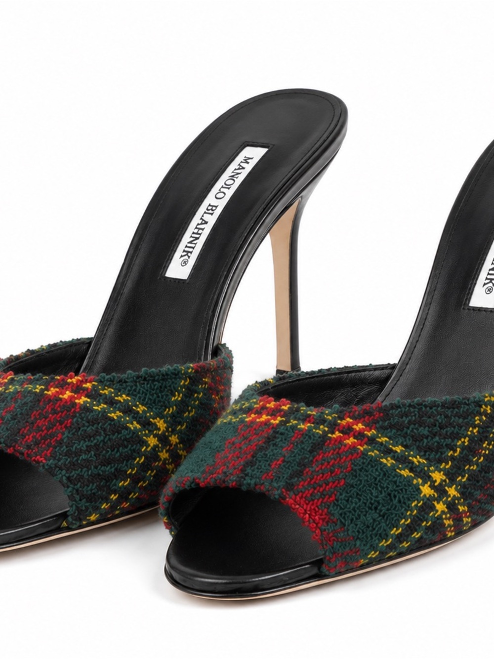 Vintage Manolo Blahnik Plaid Knit Open-Toe Mule in Green, Red & Yellow sz 39